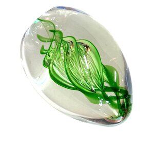 Hand Blown Glass Egg Paperweight With Green Swirl Design 4 Inches Tall Decorativ